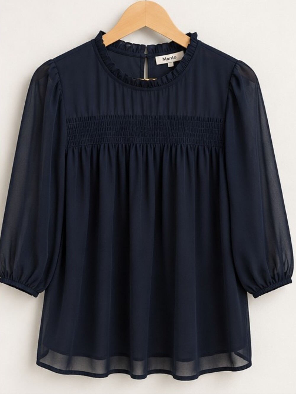 Maurice Navy Blue Romantic Poet Blouse Medium Pintuck Ruffle Neck
